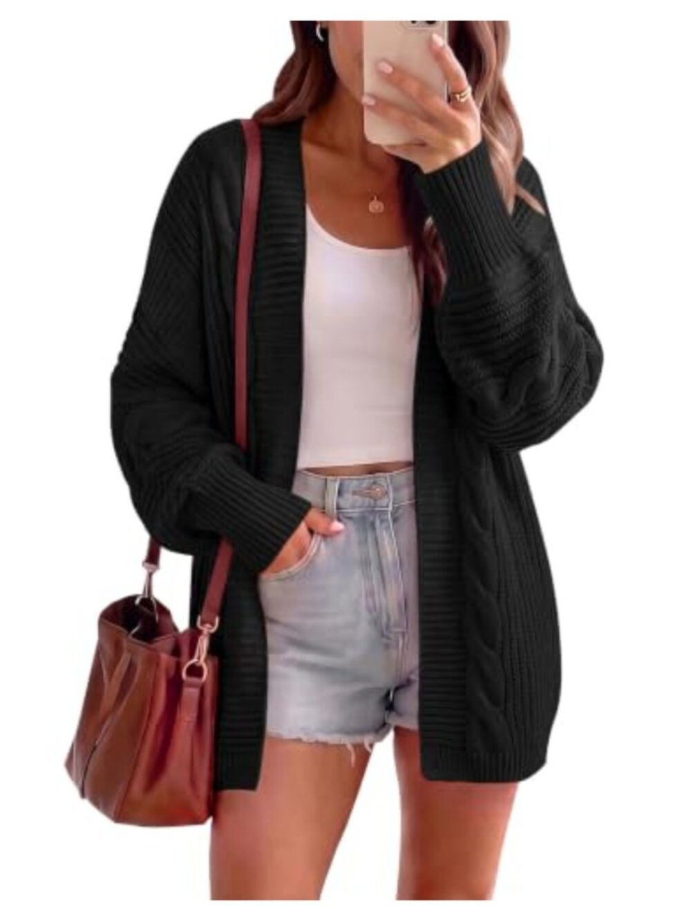 Cable Knit Open Front Cardigan Sweater Loose Fit Long Sleeve Fall Outerwear